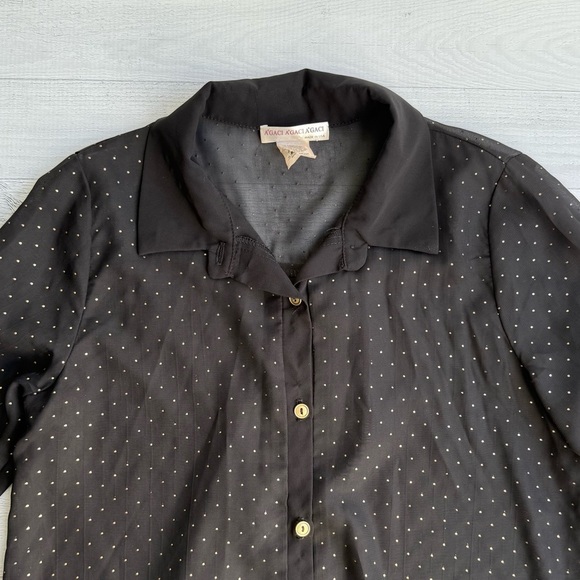 Vintage Black Button Up Blouse with Gold Polka Dots S - Picture 2 of 7